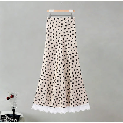 Satin Polka Dots V Neck Maxi Dress Suit Women Elegant Ribbon Full Sleeve Blouse Waist Cinching Long Skirt 2026 Lady Party Outfit