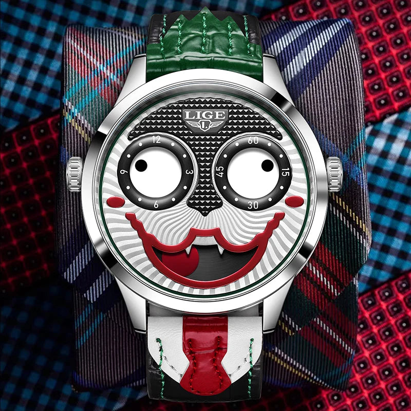 LIGE 2025 Creative Watches For Men Clown Fashion Quartz Wristwatches Waterproof Leather Strap Mens Watch Cool Joker Reloj Hombre