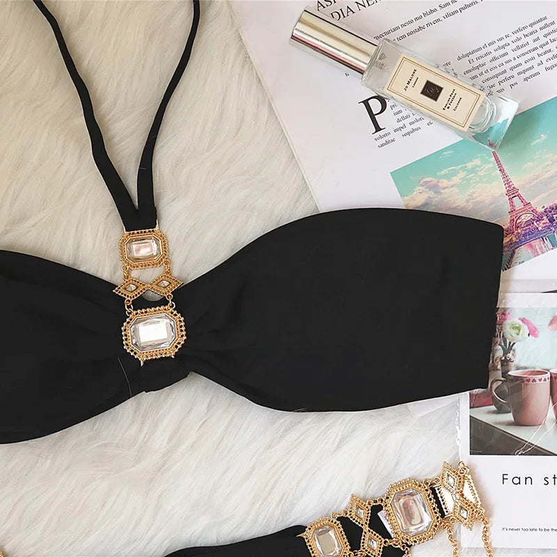 2026 Shiny Rhinestone Diamond Bikini Women Swimsuit Female Swimwear Two Pieces Bikini Set Halter Metal Chains Bathing Suit Swim