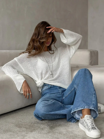 Bornladies Simple Solid Color Long Sleeved Sweater Women's Spring Knitted Hollow Top Loose Versatile Casual Sweater Pullovers