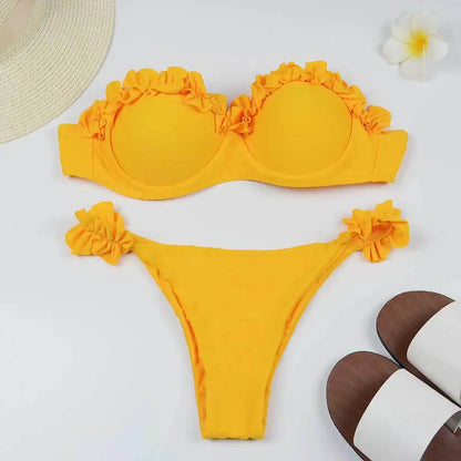 sexy ruffles strapless bikinis sets women leopard print swimsuit two pieces biquini push up bandeau lady swimwear bathing suits