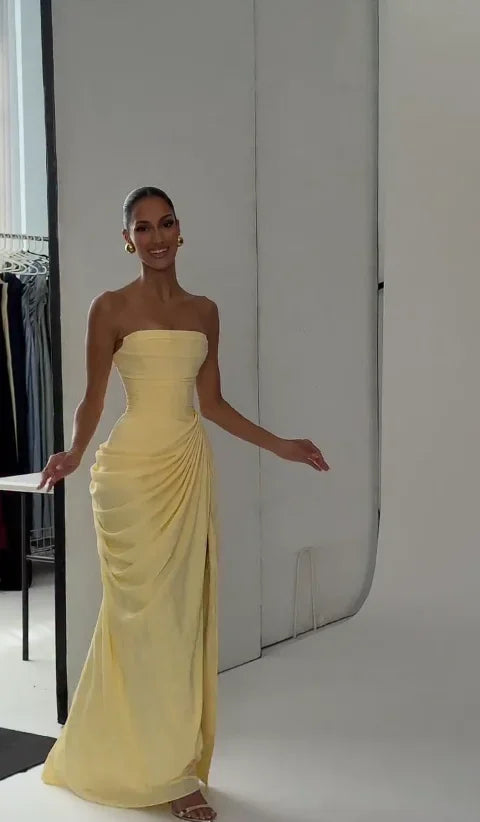 Elegant Yellow Strapless Pleated Dress Women Chic Sleeveless Waist Cinching Split Maxi Gowns Lady Evening Party Dresses 2026 New