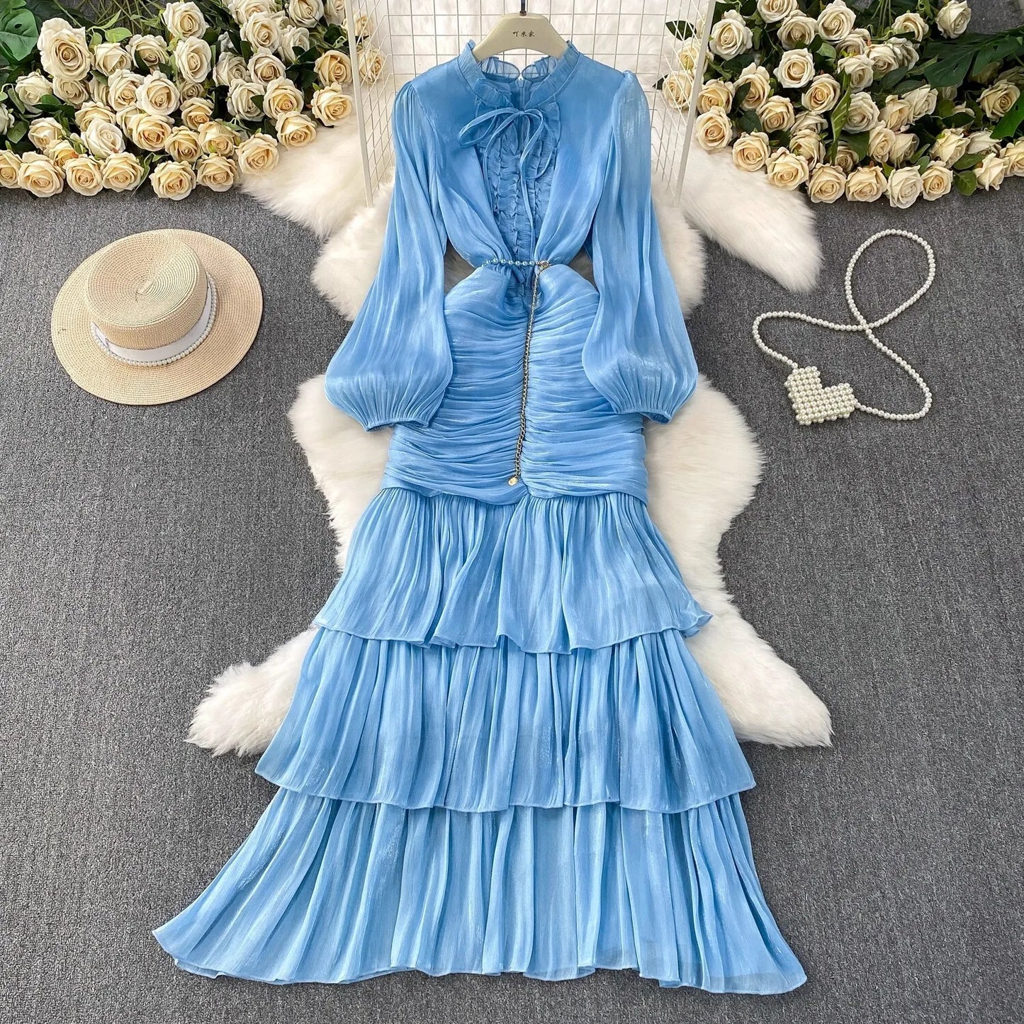 Elegant Autumn Ruffles Long Sleeve Maxi Mermaid Dress Women Hollow Out Casual Satin Fishtail Cake Dresses Prom Evening Vestidos