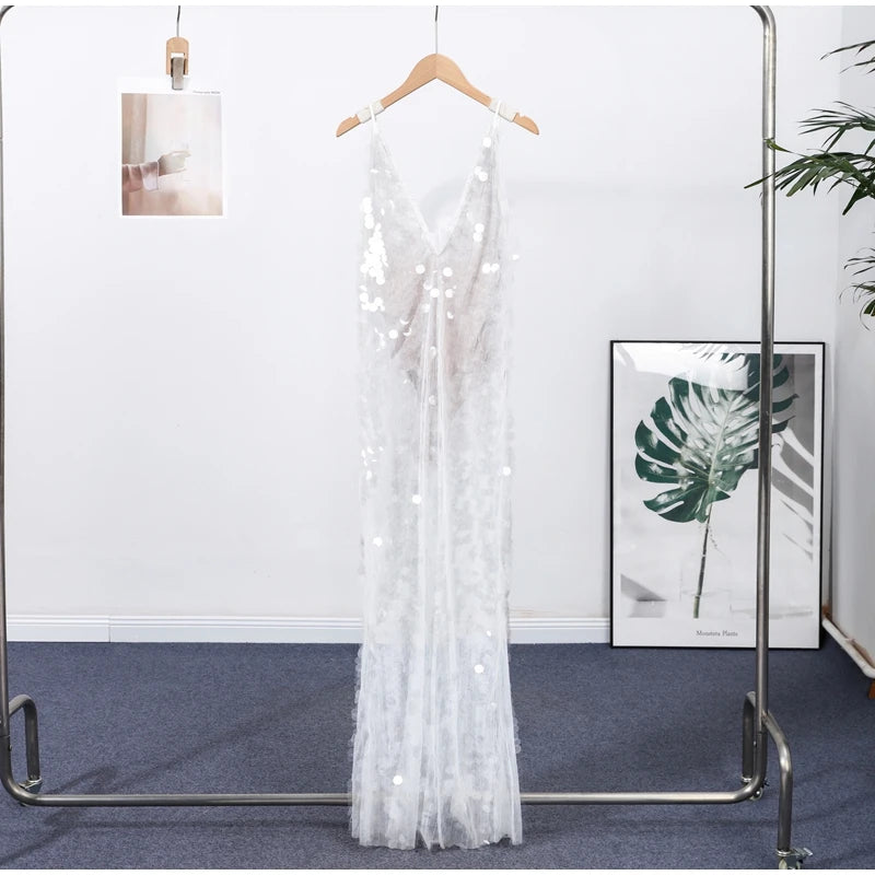 Sequins Lace Splicing Dress Women's Sexy V-veck Shiny Sleeveless Backless Sling Dresses 2026 Spring Summer New Ladies Beach Robe