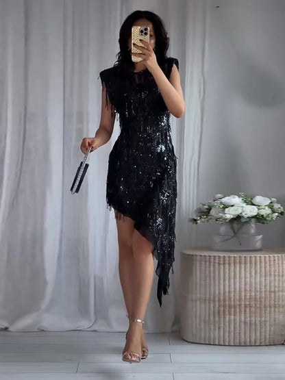 Women Dress Female Clothing Evening Dresses Sleeveless Sequin Dress Sexy Mini Dresses Fringe Hem Gown Trendy Party Clothes
