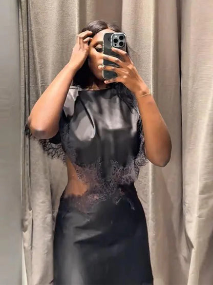 Sexy Lace Patchwork Waist Revealing Dress Women Fashion O-neck Short Sleeve High Waist Slim Dresses Female New Chic Casual Robe
