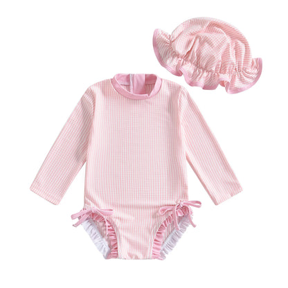 MISOWMNJOY Infant Baby Girls Summer Swimsuit with Hat Toddler Striped Long Sleeve Zipper Bathing Suit Children Beach Swimwear