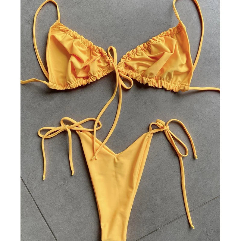BIQIUYYI Brazilian Sexy Micro Mini Thong Bikini Set Summer Bandage Swimsuit Women Pleated Bathing Suit Beachwear Halter Biqiuni