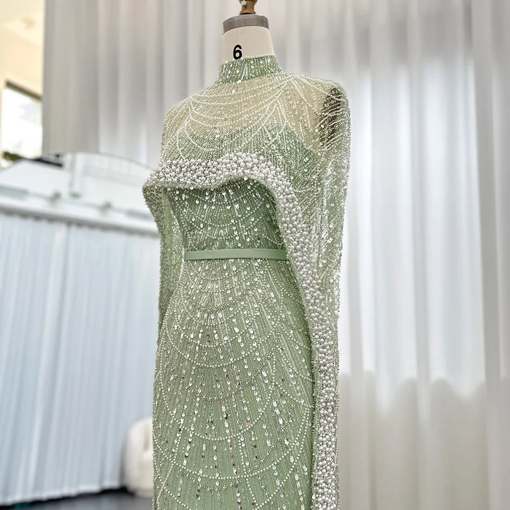 Sharon Said Luxury Pearls Dubai Champagne Evening Dresses with Cape New Arabic Women Mermaid Wedding Party Prom Dress SS369