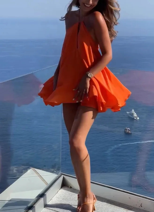 Women Summer Dress Solid Color Sling Spot Europe Sexy Deep V-neck Halter Loose A-line Woman Mini Dresses Vestidos MBR7108