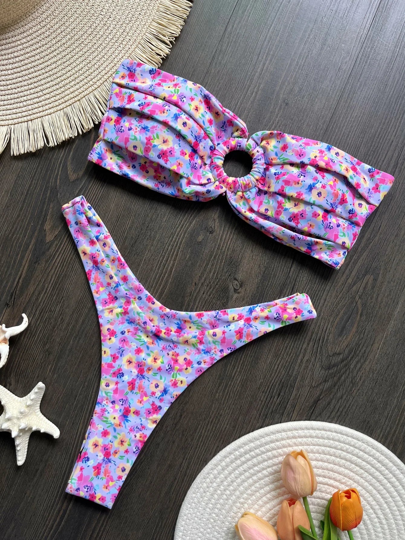 Sexy Colorful Floral Printed Bandeau Bikini Female Swimsuit Women Swimwear Two-pieces Bikini set Bather Bathing Suit Swim Lady