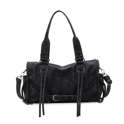 Retro Motorcycle Handbag Women Horizontal Tote Storage Tassel Design Pillow Shoulder Bag Trendy Large Capacity Soft Underarm Bag