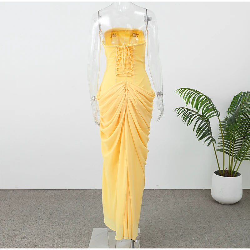 Lady Sexy Strapless Split Solid Pleated Dress Women Chic Backless High Waist Off-shoulder Dresses 2026 New Evening Party Gowns