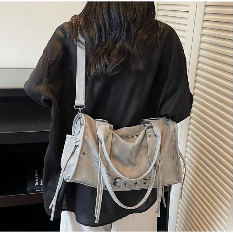 Retro Motorcycle Handbag Women Horizontal Tote Storage Tassel Design Pillow Shoulder Bag Trendy Large Capacity Soft Underarm Bag