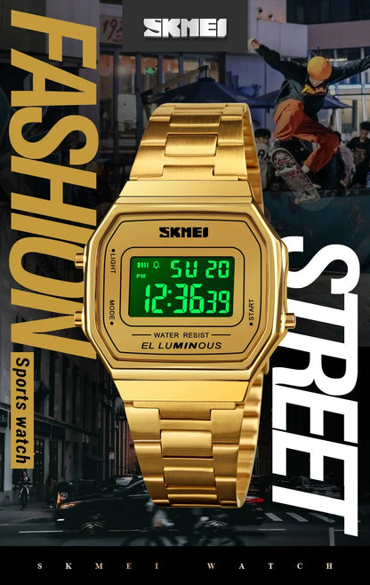 SKMEI 1647 Casual Simple Mens Wristwatches Stainless Steel Band Waterproof Watch Men reloj hombre Retro LED Digital Male Watches