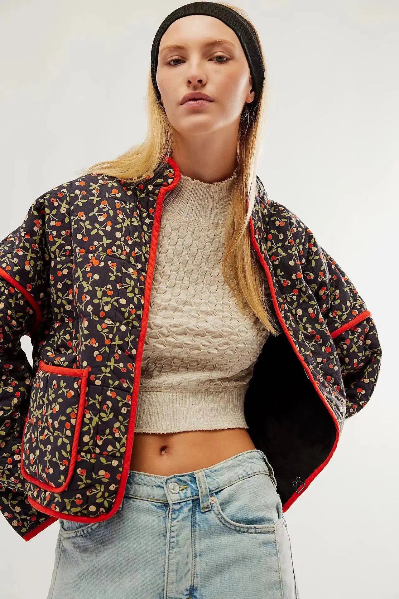 New Women's Floral/Gingham Print Lightweight Quilted Parkas Woman Long Sleeve Pockets Vintage Winter Jacket Coat Streetwear Tops