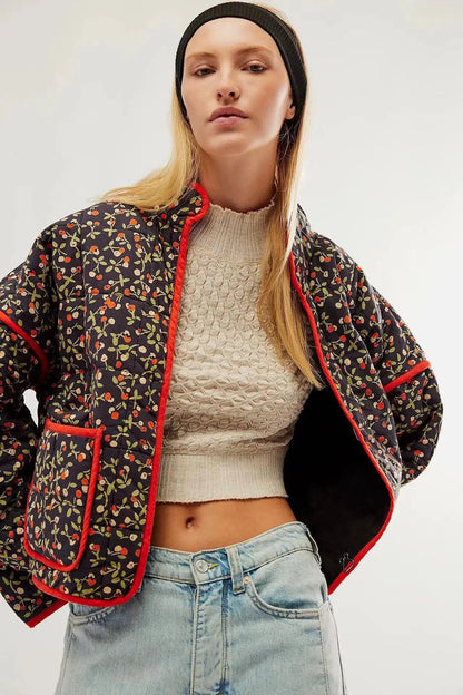 New Women's Floral/Gingham Print Lightweight Quilted Parkas Woman Long Sleeve Pockets Vintage Winter Jacket Coat Streetwear Tops