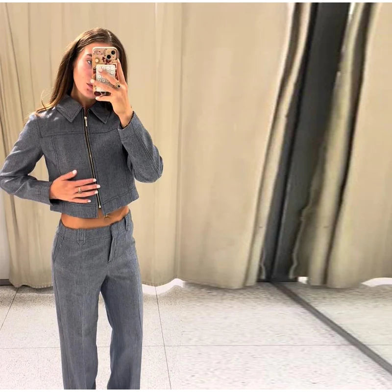 Casual Coats Pants Sets Women'S Turn-down Collar Long Sleeve Zippers Tops High Waist  Trousers 2026 Spring New Lady Chic Suit