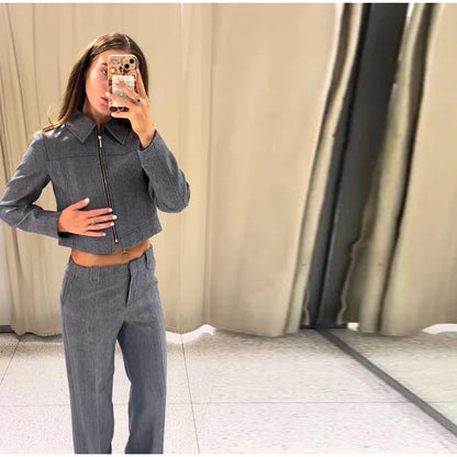 Casual Coats Pants Sets Women'S Turn-down Collar Long Sleeve Zippers Tops High Waist  Trousers 2026 Spring New Lady Chic Suit