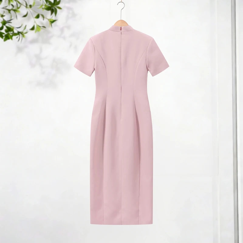 Chic Single Breasted Women's Dress Short Sleeve Slim Female Long Dresses 2026 Spring Summer Elegant Party Front Split Lady Robe