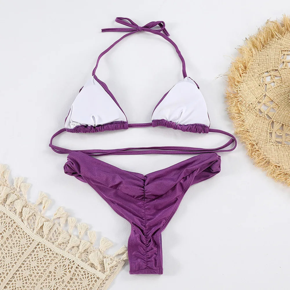 Sexy Bikini Set 2024 New Solid Pleated Bikini Swimwear Push Up Halter Swimsuit White Color Bathing Suits for Women