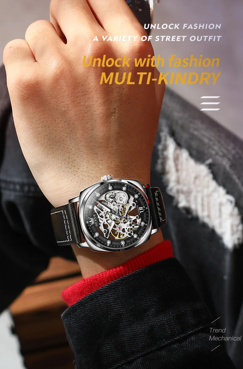 OLEVS 6651 Transparent Hollow Automatic Watches for Men Leather Strap Tonneau PUNK Style Mechanical Writwatch Luxury Man Watch