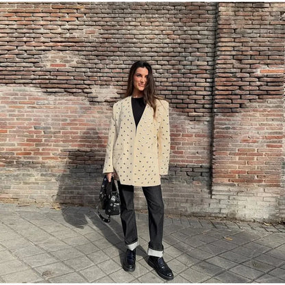 Rivet Fashion V-neck Balzer Coat Women Shoulder Pads Loose Fake Pocket Long Sleeve Jacket 2025 Spring Street Party Commute Tops