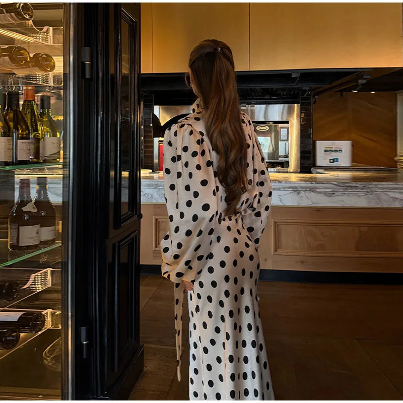 Satin Polka Dots V Neck Maxi Dress Suit Women Elegant Ribbon Full Sleeve Blouse Waist Cinching Long Skirt 2026 Lady Party Outfit
