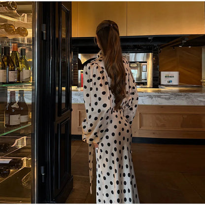 Satin Polka Dots V Neck Maxi Dress Suit Women Elegant Ribbon Full Sleeve Blouse Waist Cinching Long Skirt 2026 Lady Party Outfit