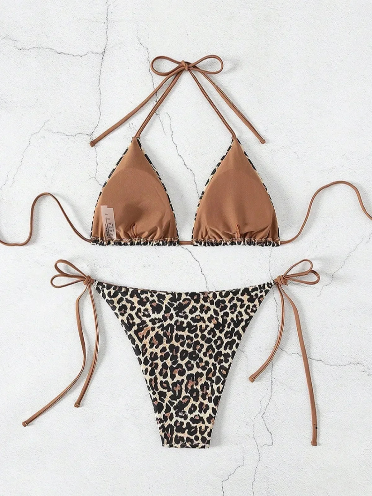 Sexy Leopard Print Two Piece Swimsuit Set Triangle Bra Suspender Halter Backless Bikini Set Beach Vacation Lace-up Swimwear 2025