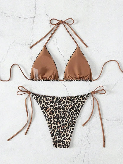 Sexy Leopard Print Two Piece Swimsuit Set Triangle Bra Suspender Halter Backless Bikini Set Beach Vacation Lace-up Swimwear 2025