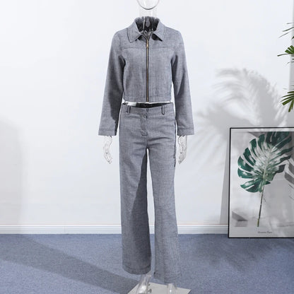 Casual Coats Pants Sets Women'S Turn-down Collar Long Sleeve Zippers Tops High Waist  Trousers 2026 Spring New Lady Chic Suit