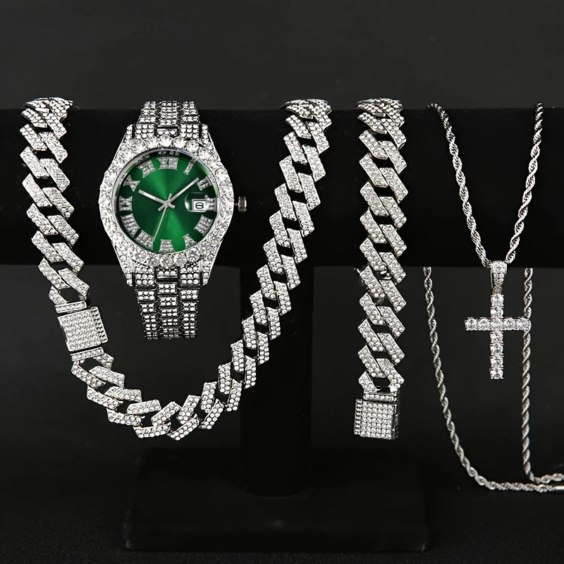 3/4PCS Hip Hop Iced Out Men's Watch Jewelry Set Luxury Rhinestone Quartz Wristwatch Cuban Link Chain Accessories（Without Box）