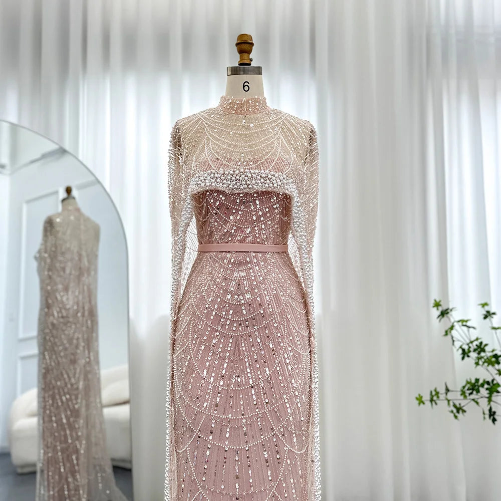 Sharon Said Luxury Pearls Dubai Champagne Evening Dresses with Cape New Arabic Women Mermaid Wedding Party Prom Dress SS369