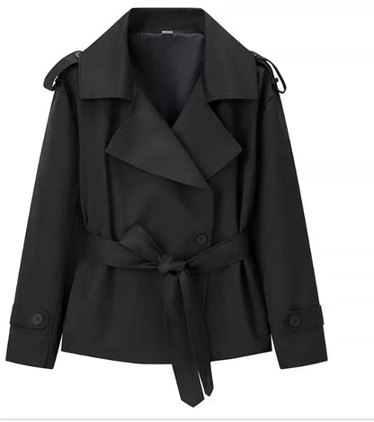 Solid Lapel Lace Up Trench Coat Women Fashion Full Sleeve Waist Cinching Short Windbreak New Autumn Office Commute Outwear 2026