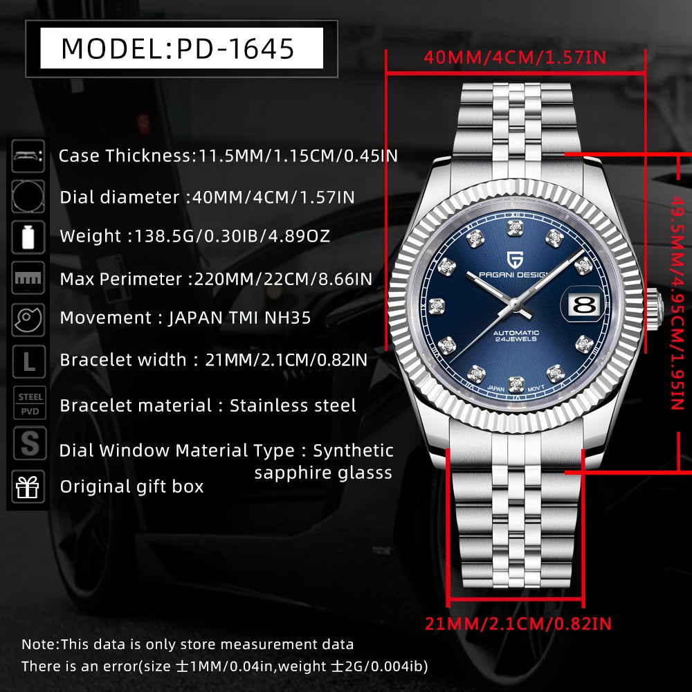 PAGANI DESIGN Watches Luxury Diamond Dial Mechanical Watch For Men Top NH35 Movt Sapphire Glass Stainless Steel Waterproof Watch