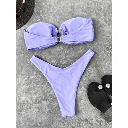 Wrinkled Bandeau High Cut Bikini Women Swimwear Female Swimsuit Two-pieces Bikini set Strapless Bather Bathing Suit Swim V3367