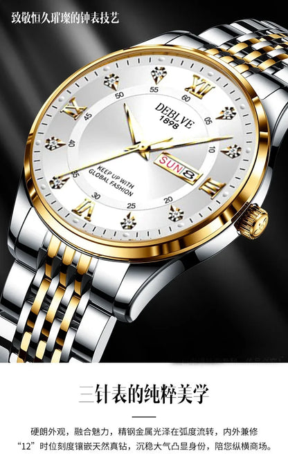 Luxury Men Watch Stainless Steel Top Quailty Push Button Hidden Clasp Waterproof Luminous Date Week Sport Wrist Watches