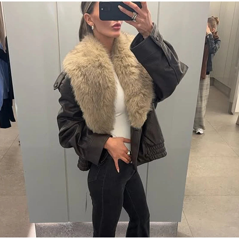 Brown Faux Fur Collar Leather Jacket Women Oversize Design Long Sleeve Coat 2025 Fashion Luxurious Versatile Bomber Outerwear
