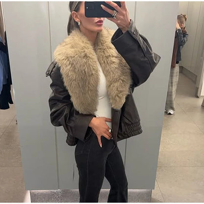 Brown Faux Fur Collar Leather Jacket Women Oversize Design Long Sleeve Coat 2025 Fashion Luxurious Versatile Bomber Outerwear