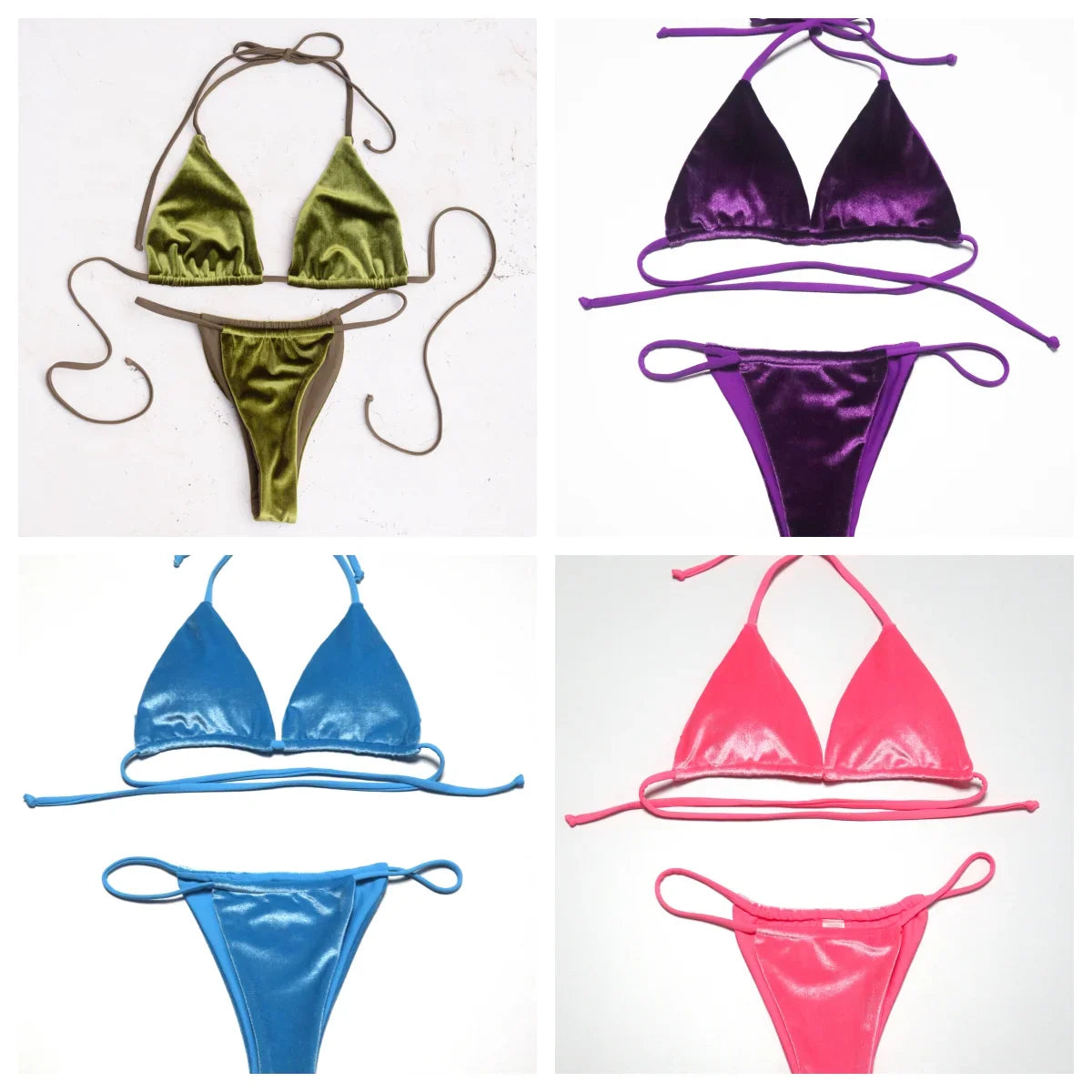 Sexy Velvet Swimsuit for Women, Micro Bikini Set, Thong Swim Suit, 2 Piece Bathing Suit for Ladies, Green String Bikini, 2022