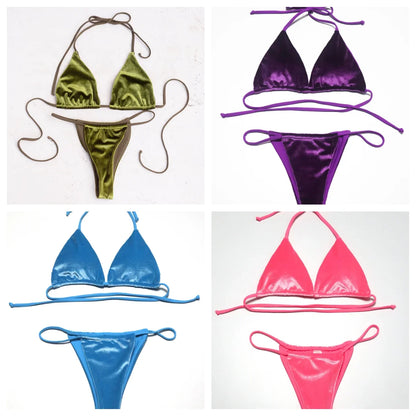 Sexy Velvet Swimsuit for Women, Micro Bikini Set, Thong Swim Suit, 2 Piece Bathing Suit for Ladies, Green String Bikini, 2022