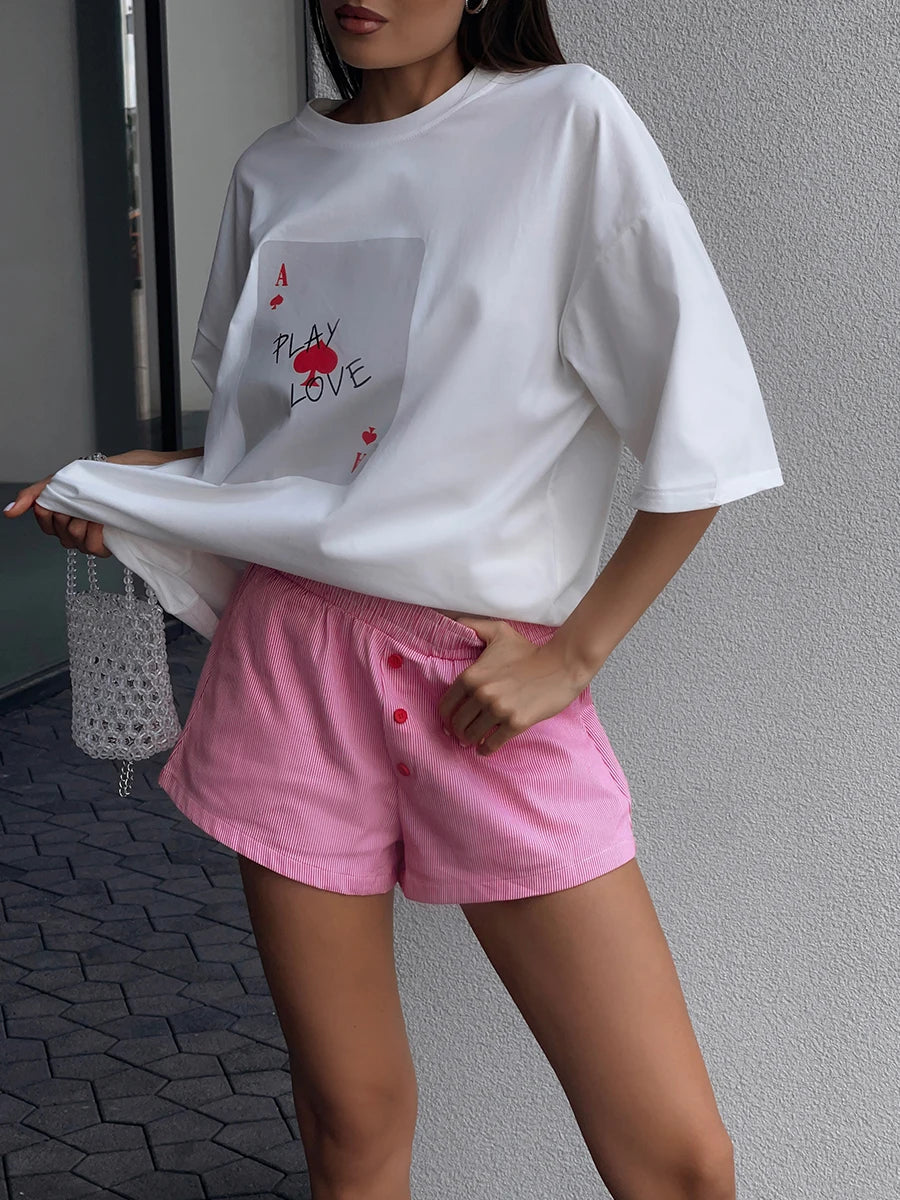 Bornladies 100% Cotton Poker Card Printed T-Shirt Women's Fashionable O-Neck Loose Short Sleeved Female Summer New Casual Top