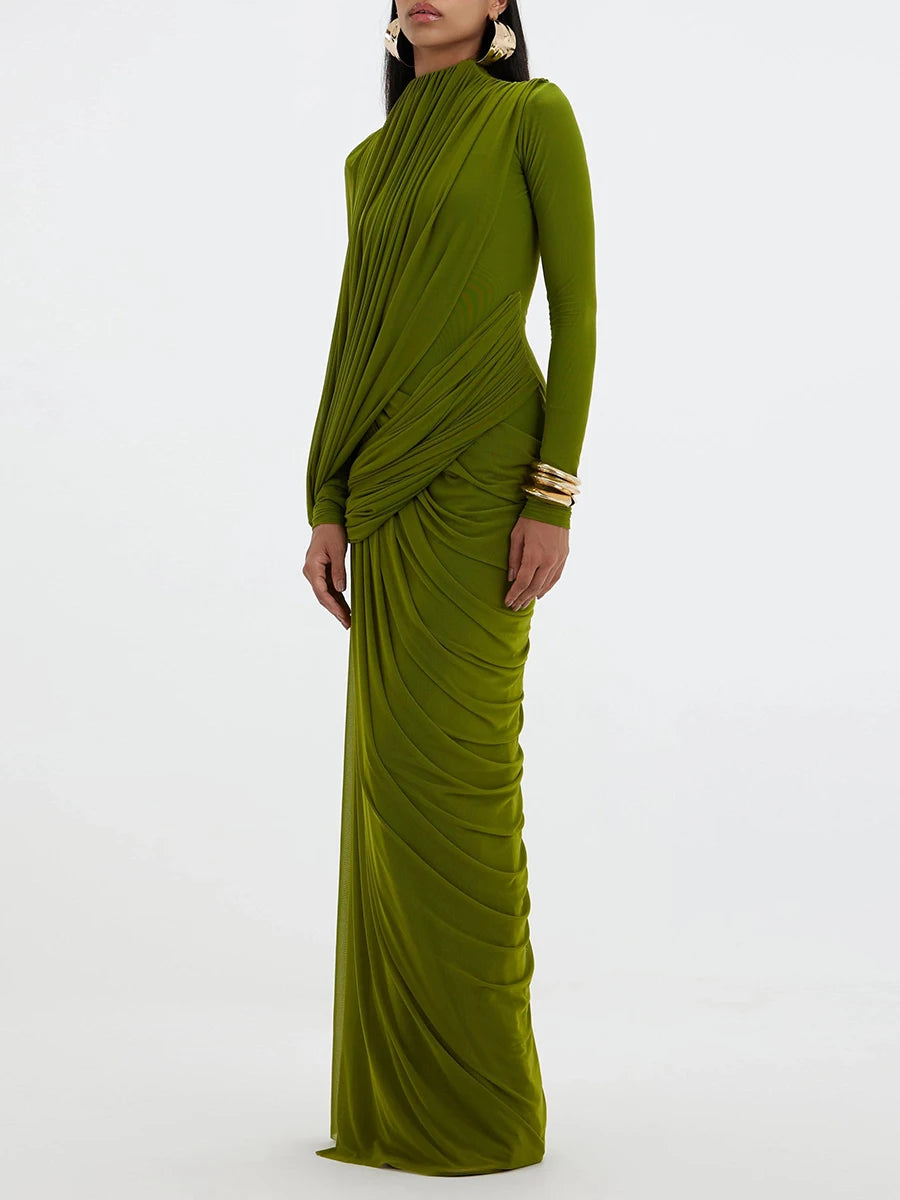VGH Elegant Vintage Spliced Ribbon Dresses for Women Turtleneck Long Sleeve Irregular Folds Evening Luxurious Maxi Dress Female