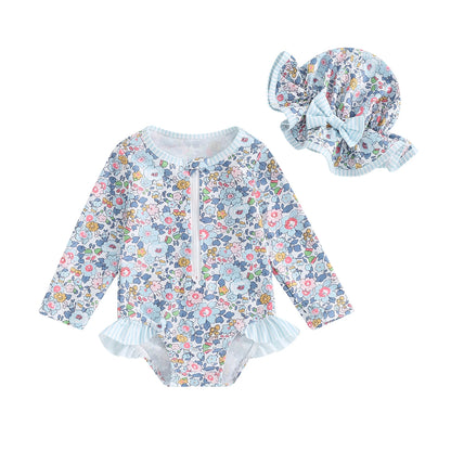 MISOWMNJOY Ruffle Floral Print Baby Girls Beachwear Summer Rash Guard Swimsuit Long Sleeve Bathing Suit Infant Swimwear with Hat