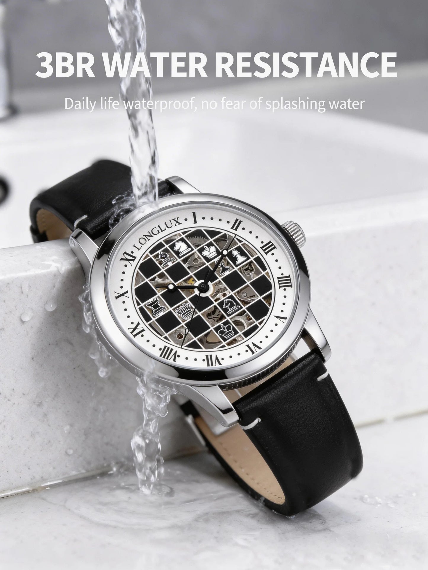 Men automatic watch chess checjerboard mechanical watches waterproof vintage business luminous skeleton leather gift for you