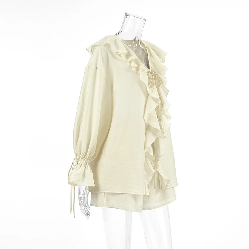 Casual Ruffled Shirt Shorts 2-Piece Set Women V Neck Flare Sleeve Lace-up Loose Blouse Shorts Suit Summer Beach Vacation Outfits