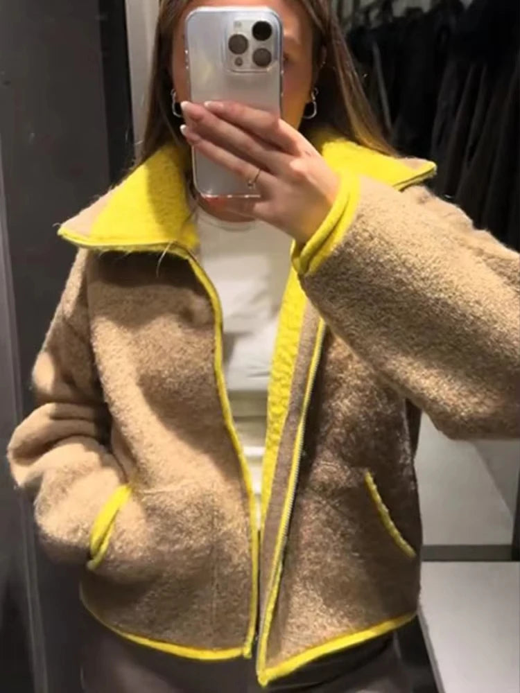 Fashion Contrasting Knitted Cardigan for Women Elegant Long Sleeve Pockets Zipper Sweater 2026 Spring Street Lady Chic Outwear