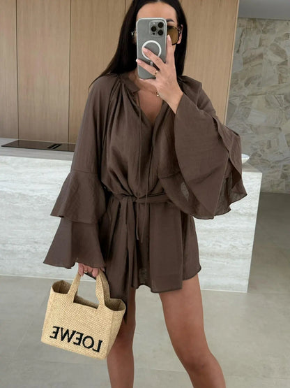 Elegant Fold Dress Women Brown Deep V-neck Long Sleeve Mini Dresses Female 2025 Spring Summer Fashion Loose Lady Vestidos
