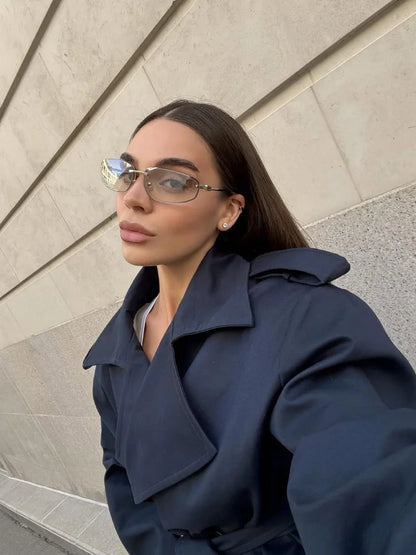Solid Lapel Belted Windbreaker Chic Full Sleeve Button Loose Long Coat For Women 2025 New Office Lady Daily Commute Overcoats